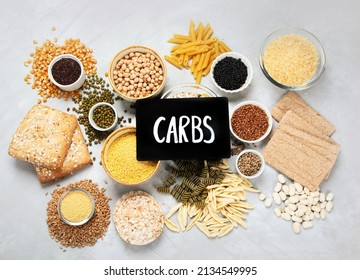 Best Sources Of Carbs On Light Gray Background. Healthy Food Concept. Top View, Flat Lay