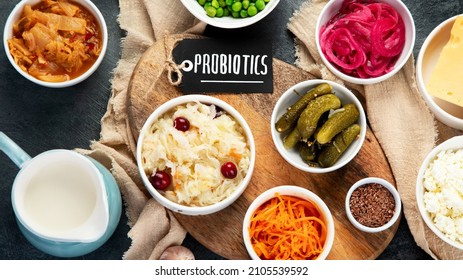 Best Sources Of Probiotic On Gray Background. Fermented Food. Top View, Flat Lay