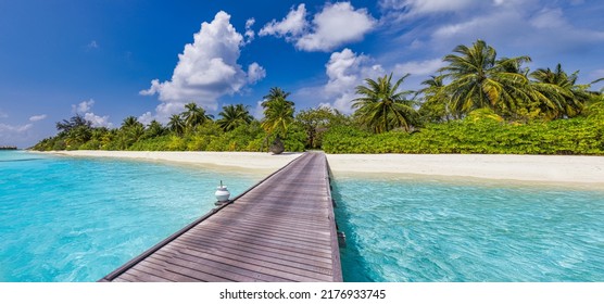 Best summer travel panorama. Maldives islands, tropical paradise coast, palm trees, sandy beach with wooden pier. Exotic vacation destination scenic, beach background. Amazing sunny sky sea, fantastic - Shutterstock ID 2176933745