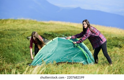 Best Way To Relax. Hiking Outdoor Adventure. Friends Spend Free Time Together. Two Girls Pitch Tent. Wanderlust Discovery. Family Camping. Reach Destination Place. Mountain Tourism Camp