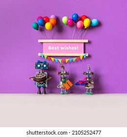 Best Wishes Card. Festive Congratulation Poster Birthday, Anniversary Or Any Holiday. Robots With Gifts And Cake. Garland Of Flags, Balloons. Copy Space On Gray Background.