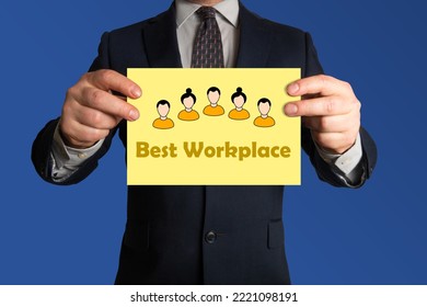 Best workplace. Businessman holding a sheet of paper stating Best Workplace. Employee experience. Attracting talent. - Shutterstock ID 2221098191
