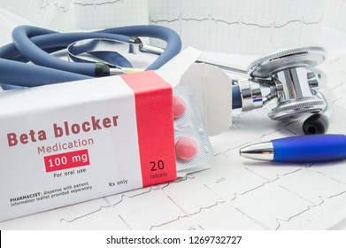 Beta blocker drug for treatment pathologies of heart and blood vessels. Packing of pills with inscription "Beta Blocker Medication" for treatment  cardiovascular diseases, manage abnormal heart rhythm