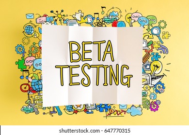 Beta Testing text with colorful illustrations on a yellow background