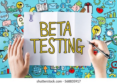 Beta Testing text with hands and colorful illustrations