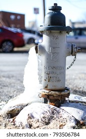 Bethesda, MD - January 14, 2018: Water Freezes As It Comes Out Of A Fire Hydrant During A Polar Vortex That Brings Record Breaking Cold Temperatures To Washington, DC Suburbs. 