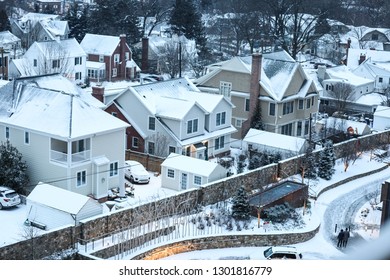 Bethesda, MD / USA - February 1, 2019: A View Of A Snow Covered Neighborhood In Chevy Chase, Montgomery County, On The Coldest Day Of The Winter. 