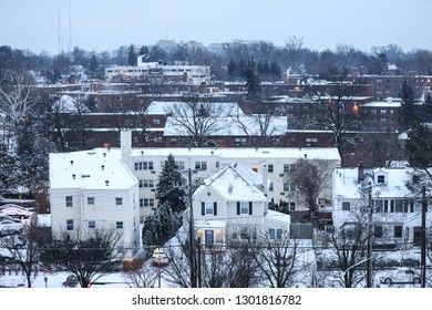 Bethesda, MD / USA - February 1, 2019: A View Of A Snow Covered Neighborhood In Chevy Chase, Montgomery County, On The Coldest Day Of The Winter. 