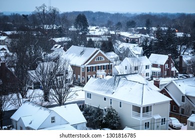 Bethesda, MD / USA - February 1, 2019: A View Of A Snow Covered Neighborhood In Chevy Chase, Montgomery County, On The Coldest Day Of The Winter. 