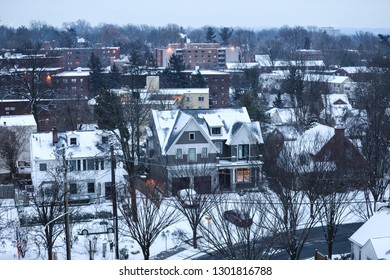 Bethesda, MD / USA - February 1, 2019: A View Of A Snow Covered Neighborhood In Chevy Chase, Montgomery County, On The Coldest Day Of The Winter. 