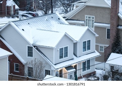 Bethesda, MD / USA - February 1, 2019: A View Of A Snow Covered Neighborhood In Chevy Chase, Montgomery County, On The Coldest Day Of The Winter. 