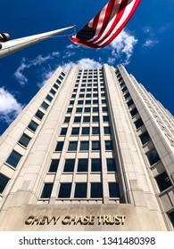 Bethesda, MD / USA - March 17, 2019: A View Of An American Flag Outside Of The Chevy Chase Trust Building In Montgomery County, Maryland.