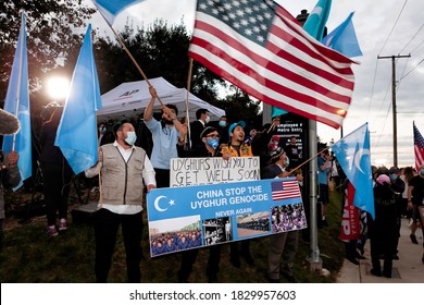 Bethesda, MD, USA - October 5, 2020: Uyghurs Outside Walter Reed National Military Medical Center Came To Thank Trump For Supporting Them And To Wish Him A Speedy Recovery From Covid-19