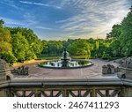 Bethesda Terrace and Fountain are two architectural features overlooking The Lake in New York City