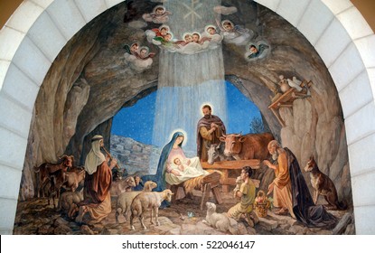  BETHLEHEM ISRAEL 26 10 16: Fresco in Shepherd Field Chapel. Has relevance for Catholics because there the first announcement of the birth of Christ is celebrated.