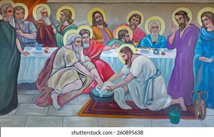 BETHLEHEM, ISRAEL - MARCH 6, 2015: The modern fresco of Feet washing at the last supper from 20.cent. in Syrian orthodox church by artist K. Veniadis (1987).