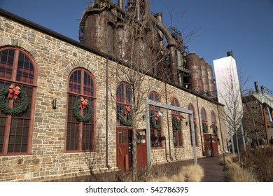 Bethlehem, Pa. USA, Dec. 25, 2106: Old Steel Bast Furnace With Christmas Decorations. Dec. 25, 2016 In Bethlehem, Pa. USA.