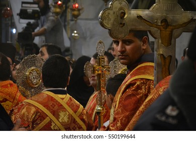 Bethlehem, Palestine. January 7th 2017: Orthodox Christmas Midnight Mass At The Church Of Nativity In Bethlehem