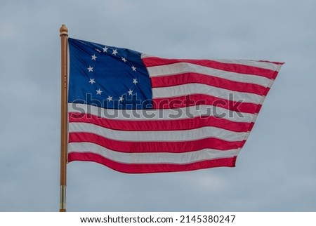 Betsy Ross 13 Thirteen Star Flag Revolutionary War, United States of American flying the breeze