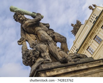 Bettling Titan Statue Flanking Prague Castle Entrance