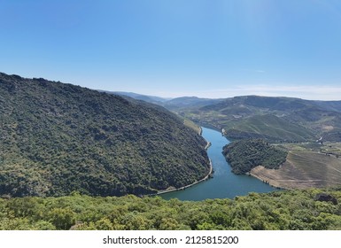 Between hills and mountains, the Douro river on a beautiful hot day with the blue sky
