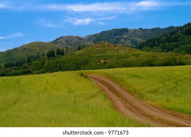between mountains and road