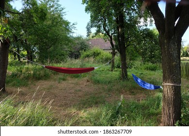 between two trees is a red hammock