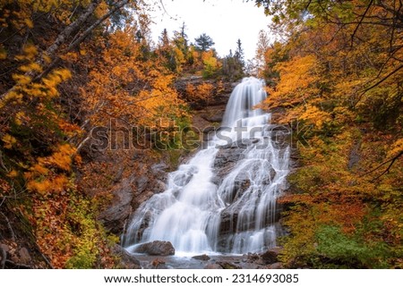 Beulach Ban Falls, Cape Breton -High water fall in an autumn forest landscape with dense trees, Cape Breton. Autumn waterfall view. Nova Scotia, Canada