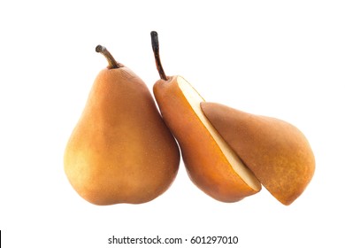 Beurre Bosc Pear Sliced In Halvs Isolated On White Background.