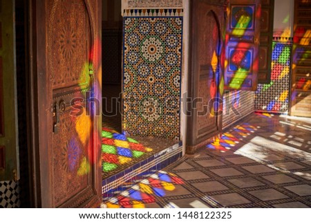 Beutifuly decorated walls and floors with the traditional Morroccan mosaic. Bahia Palace, Marrakesh, Morrocco.