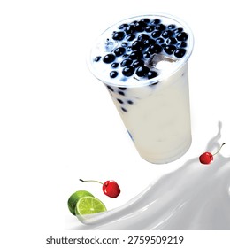 A beverage composition featuring a clear plastic cup of bubble tea filled with creamy milk tea and black tapioca pearls floating at the top. Ice cubes are visible in the drink, indicating it is served cold. Surrounding the cup are decorative elements including a splash of milk, two red cherries, and a sliced lime, adding vibrant color and refreshing appeal. The background is white, highlighting clarity, freshness, and trendy beverage culture. The composition emphasizes indulgence, refreshment, and modern drink presentation, suitable for culinary photography or advertising content.
