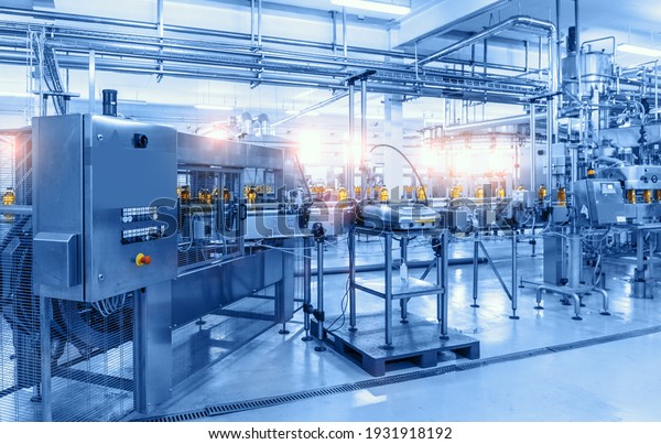 Beverage factory, Conveyor belt with bottles,\
food and drink production line\
process