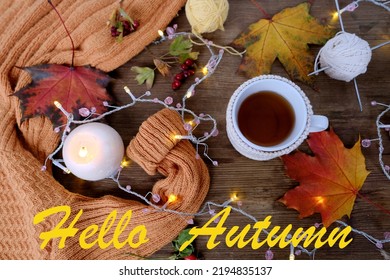 Beverage, Hot Drink In A Mug, Leaves, Foliage, Garland, Candles, Top View Of Wooden Table, Good Weather Concept, Outdoor Tea Party, Cozy Autumn Mood