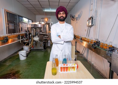 Beverage Laboratory Room Worker In Drink Factory Stand Hold Product Sample Portrait Smiling