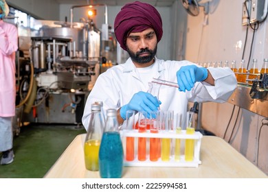 Beverage Laboratory Room Worker In Drink Factory Take Product Sample To Tube And Quality Assurance