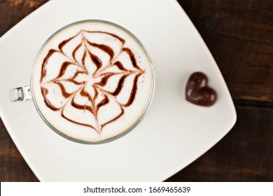 Beverages Top Beautifully Decorated Teacup Of Cafe Latte And Cocoa Heart Versus Polished Table Top Beverages Top Beverage Milk Coffee Romance Brown Cream White Creamer Texture Nutrient Timber Cafe Sin