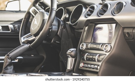 Beverly Hills, CA 3-1-2021: Interior Of 2021 Ford Mustang Seen From The Passenger’s Side. Modern Technology Including Apple Car Play Navigation System, Drivetrain Control, And 10 Speed Transmission.