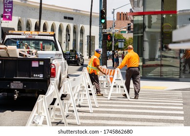 Beverly Hills, California / United States - 05 31 2020: Famous And Rich Area From Los Angeles Preparing For The Curfew And Street Closures Due To Protests And Looters. 

