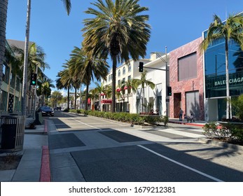 Beverly Hills, California / USA - March 2020: Empty Streets Of Los Angeles Beverly Hills Rodeo Drive During Coronavirus Lockdown. Shops, Businesses Closed, Retail Stores Are Closed. Corona Virus  