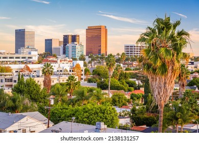 Beverly Hills, California, USA Rooftop Skyline View With Focus On Palm Trees.