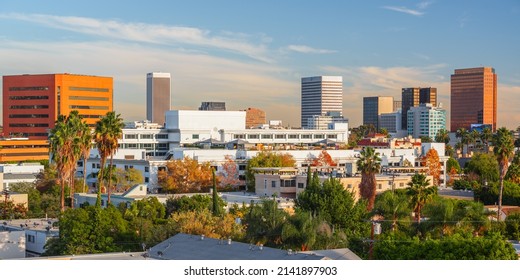 Beverly Hills, California, USA Rooftop Skyline View With Focus On Palm Trees.