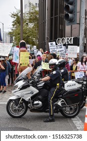 BEVERLY HILLS, CA/USA - SEPTEMBER 26, 2019: Motorcycle police control crowds in front of the Brazillian Consulate during the Climate Strike protest