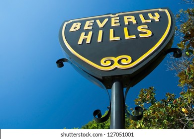 Beverly Hills Sign In Los Angeles Close-up View With Beautiful Blue Sky In Background