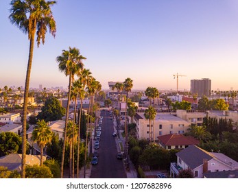 Beverly Hills Street With Palm Trees At Sunset In Los Angeles With Hollywood Sign On The Horizon.