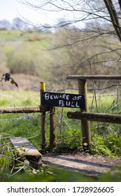 Beware of the Bull Sign in the English Countryside on a Spring Day in Kent, England