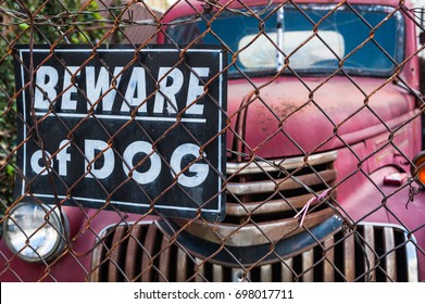 Beware Of Dog Sign, Vintage Car Background