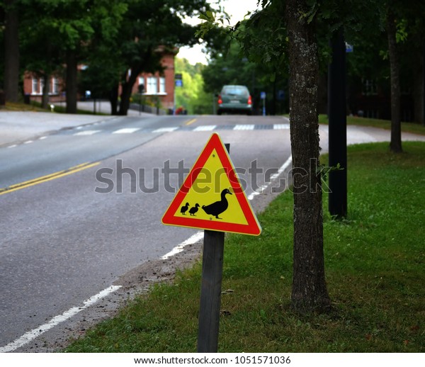 Beware Of Ducks Crossing. Red Triangle Caution Road Sign With Mother 