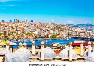 Beyoglu historic district and Galata tower medieval landmark. View from Suleymaniye mosque with towers in Istanbul, Turkey.