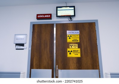 Beyoglu, Istanbul, Turkey - 08.03.2021: X Ray Room In Lutfi Kirdar Training And Research Hospital With Warning Of Radiation Field, No Entry Pregnants On Door For Laminograph Radioscopy Roentgen
