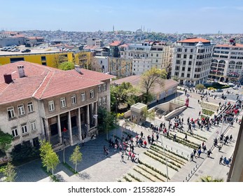 Beyoglu, Istanbul, Turkey - April 29, 2022: People are protesting and shouting slogans in Sishane Square 